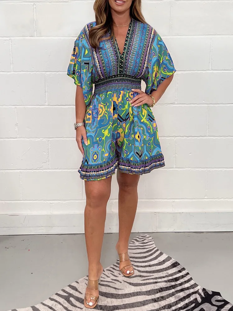 Top Trends: Casual Jumpsuit Women 2023 Summer Women Print Fashion V-neck Elegant Romper New Holiday Short Sleeve Outfits Streetwear Jumpsuit Shoppable Styles