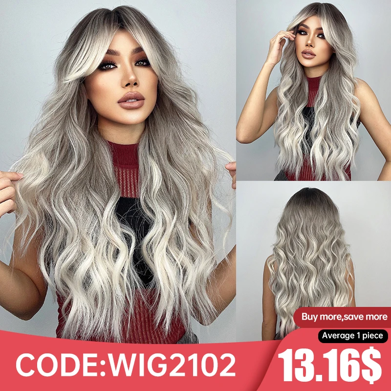 Top Trends: Long Wavy Gray Ash Brown Blonde Ombre Synthetic Wigs With Bangs Cosplay Natural Curly Hair Wig For Women Afro Heat Resistant Shoppable Styles