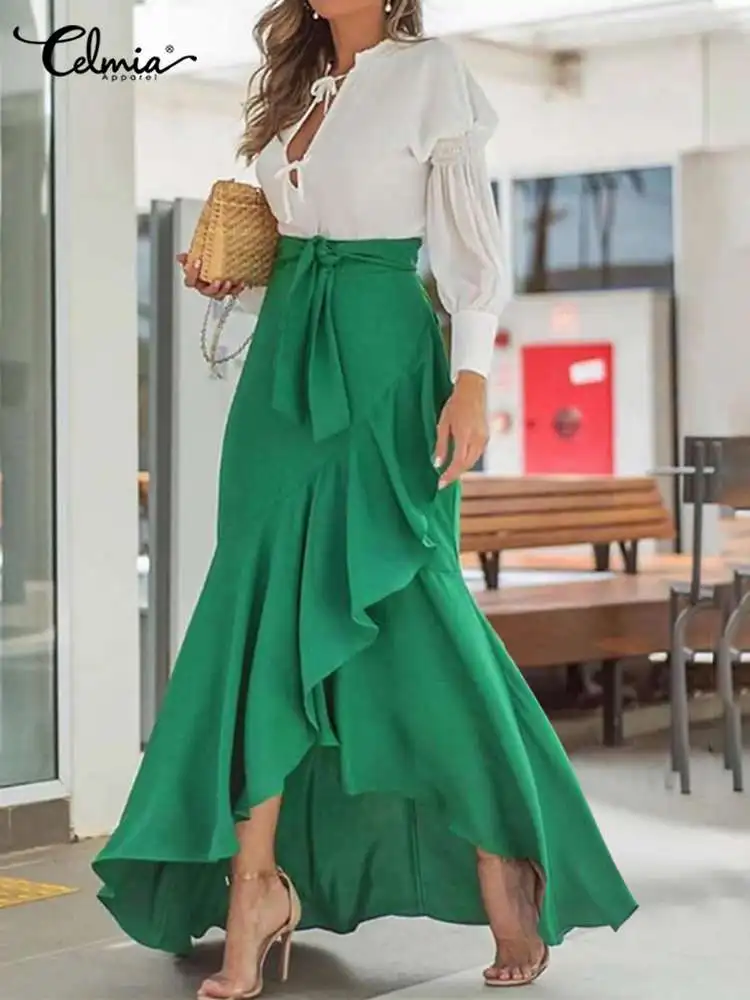 Top Trends: Summer Women Fishtail Skirts Fashion Party Maxi Skirt Celmia Summer High Waist Belted Casual Loose Asymmetrical Ruffles Skirts Shoppable Styles