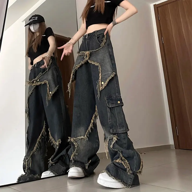 Top Trends: Vintage Stylish Patch Designs Jeans Spring Autumn Loose Wide Leg Women's Clothing High Street Hip Hop Pockets Zipper Trousers Shoppable Styles