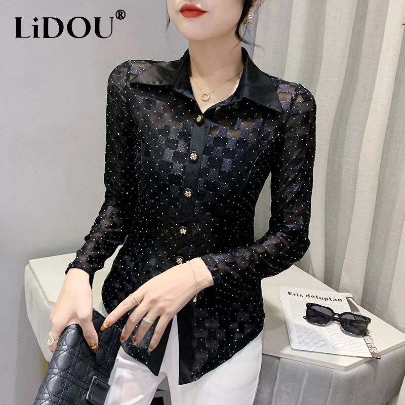 Top Trends: Spring Autumn Polo-neck Diamonds Mesh Patchwork Buttons Shirt Female Long Sleeve Elegant Fashion All-match Blouse Women's Top Shoppable Styles