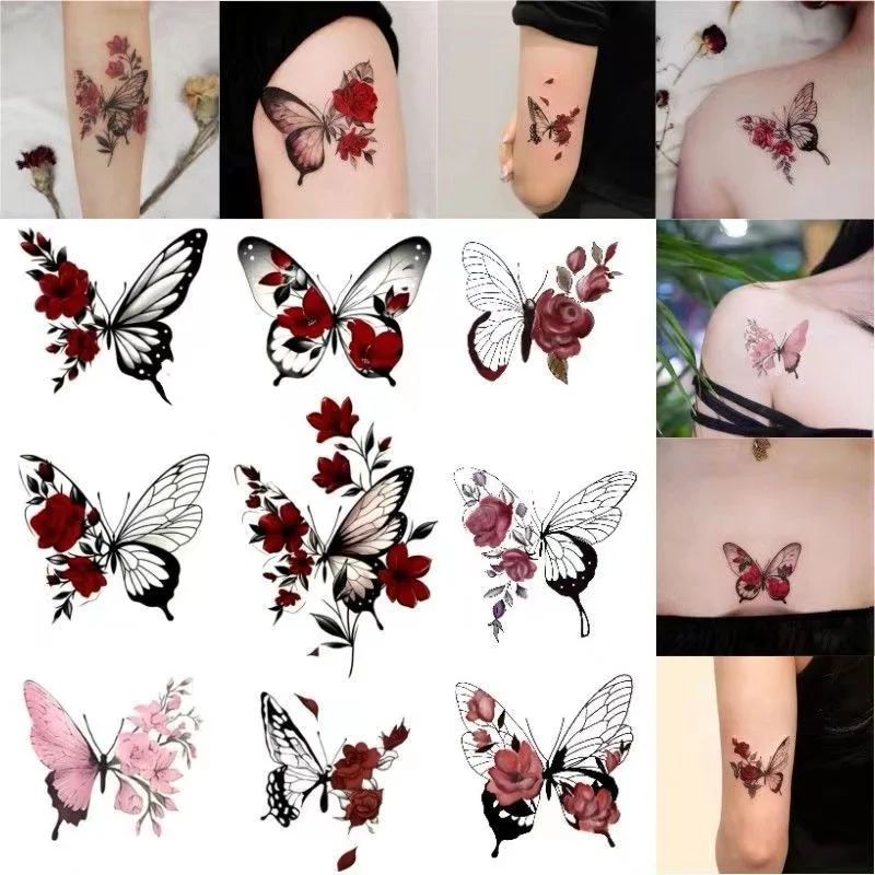 Top Trends: 9pc / Lot Butterfly Rose Waterproof Temporary Tattoo Stickers Arm Ankle Female Fake Tattoo Collarbone Flower Art Tatoo Temporales Shoppable Styles