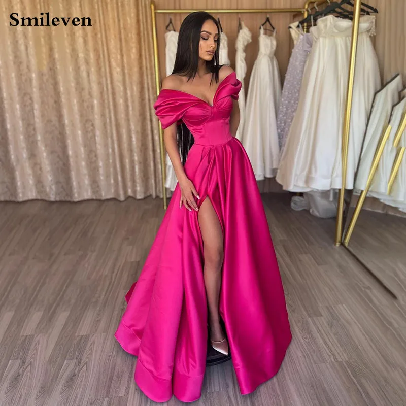 Top Trends: Smileven Hot Pink Formal Evening Dress Satin Off The Shoulder Side Split New Celebrity Party Gowns Floor Length Prom Dress 2022 Shoppable Styles