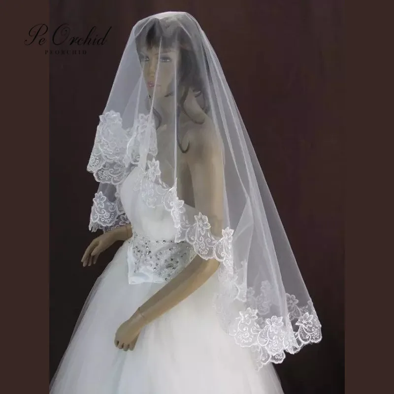 Top Trends: PEORCHID Elegant Ivory / Red Long Bridal Veils Church Lace Veil Applique Edge 1.5 M Long OOff White Veil Weding Accessories Shoppable Styles