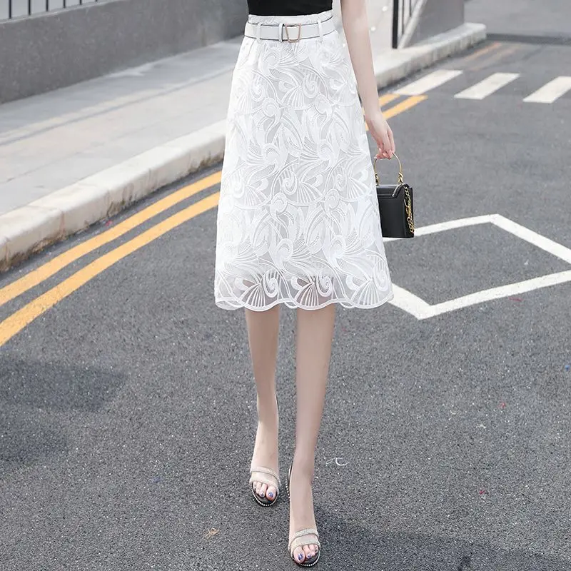 Top Trends: Lace Half Skirt Summer New High Waist Solid Color Slim Zipper A-line Skirt Temperament Elegant Women Clothing Shoppable Styles