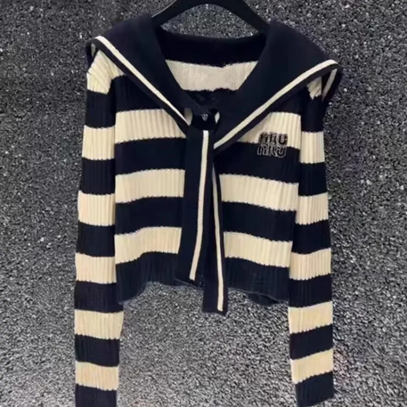 Top Trends: Women&#039;s Cardigan Button Autumn And Winter Navy Neck Striped Patchwork Knit 2023 New Slim Sequined Long Sleeve Sweater Coat Tops Shoppable Styles