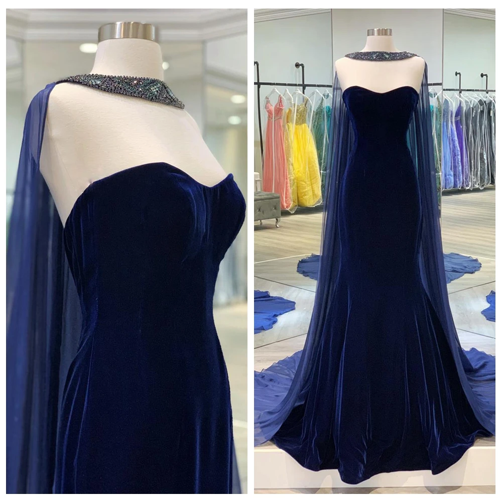 Top Trends: Navy Blue Velvet Evening Dress Sweetheart Mermaid Prom Party Gown Luxury Beaded With Cloak Formal Banquet Celebrity Dress Shoppable Styles