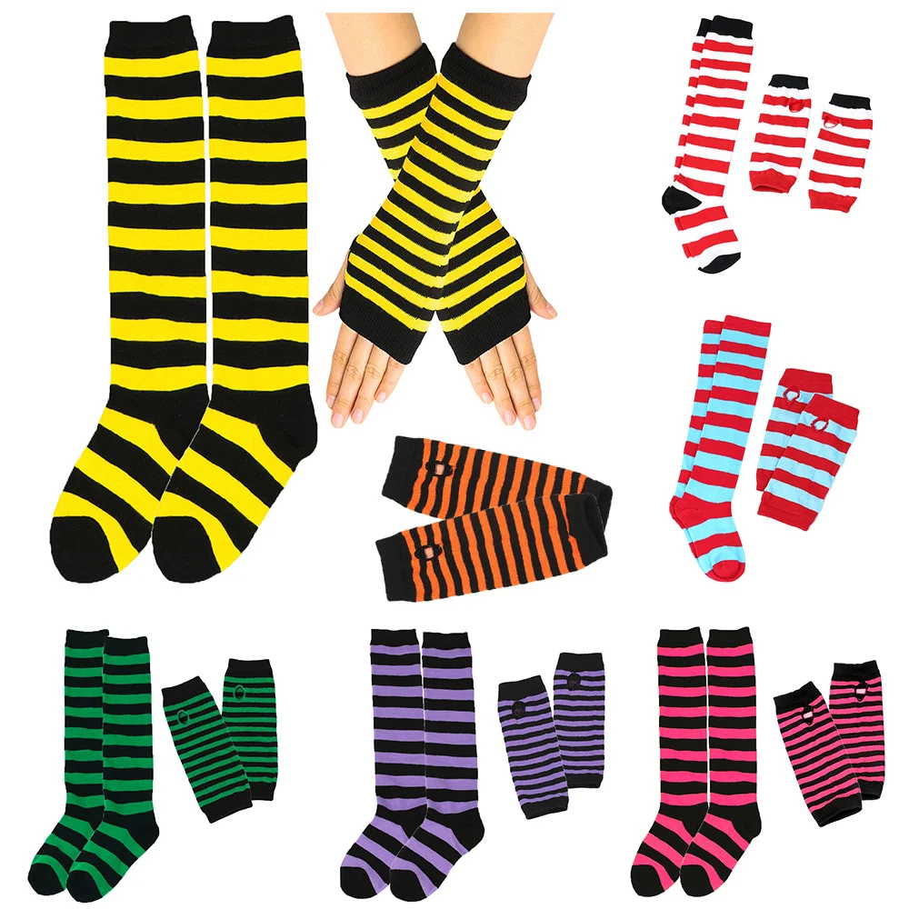 Top Trends: 1 Set Women Gloves+ Over Knee Thigh High Stockings Winter Knitted Gloves Stripe Warm Dance Long Socks Set Christmas Gifts Shoppable Styles