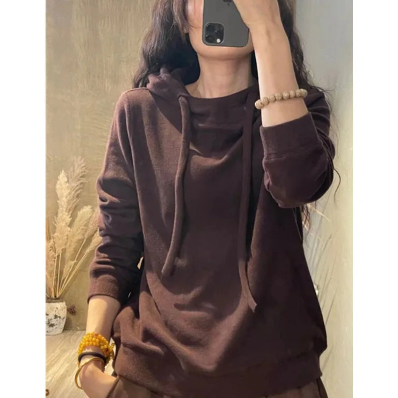 Top Trends: Women&#039;s Solid Color Retro Hoodies Autumn Winter Drawstring Long Sleeve Patchwork All-match Casual Pullover Tops Female Clothing Shoppable Styles