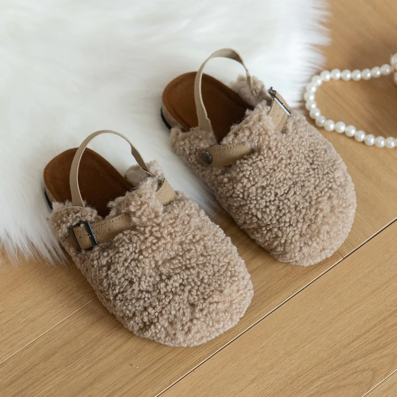 Top Trends: Warm Shearling Birken Clog Sandals For Girls Brand Design Lambswool Mule Slippers Kids Cork Sole Elasic Band Fur Slide Shoes Shoppable Styles