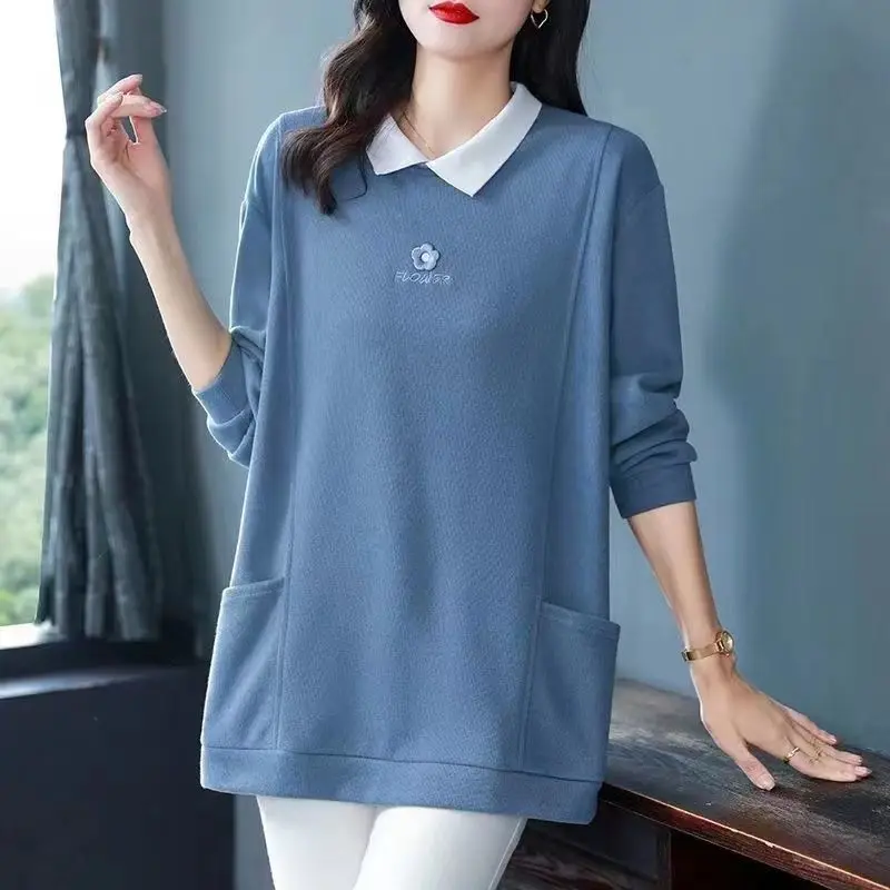 Top Trends: Spring And Autumn Women&#039;s Solid Color Polo Collar Plus Size Panel Long Sleeve Loose Sweater Pocket Fashion Casual Formal Tops Shoppable Styles