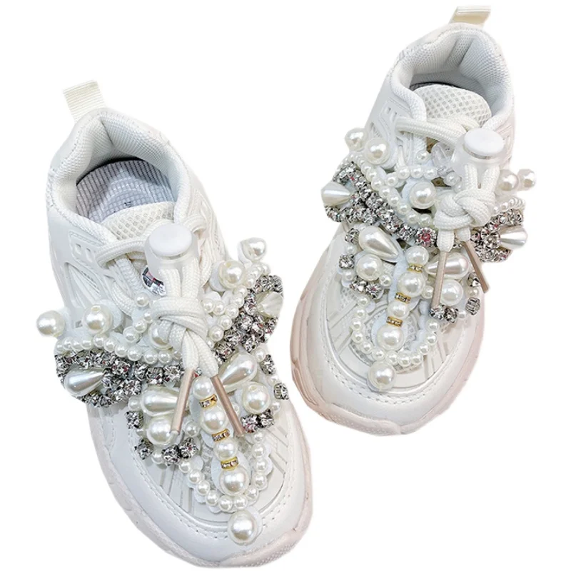 Top Trends: Bling White Pearls Baby Girls Sneakers Soft Anti-Slip Sole Children Mesh Breathable Sports Tennis Trainers Kids Casual Shoes Shoppable Styles