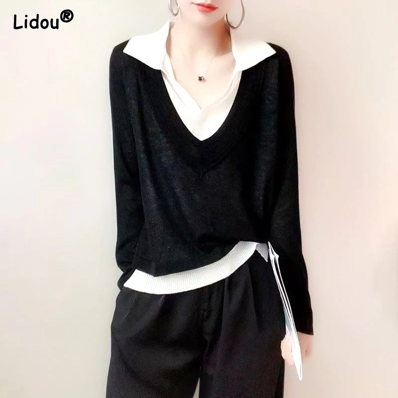 Top Trends: 2023 Spring And Autumn Fashion Temperament Commuting Minimalist V-neck Loose Casual Oversize Versatile Fake Two Piece Knitwear Shoppable Styles