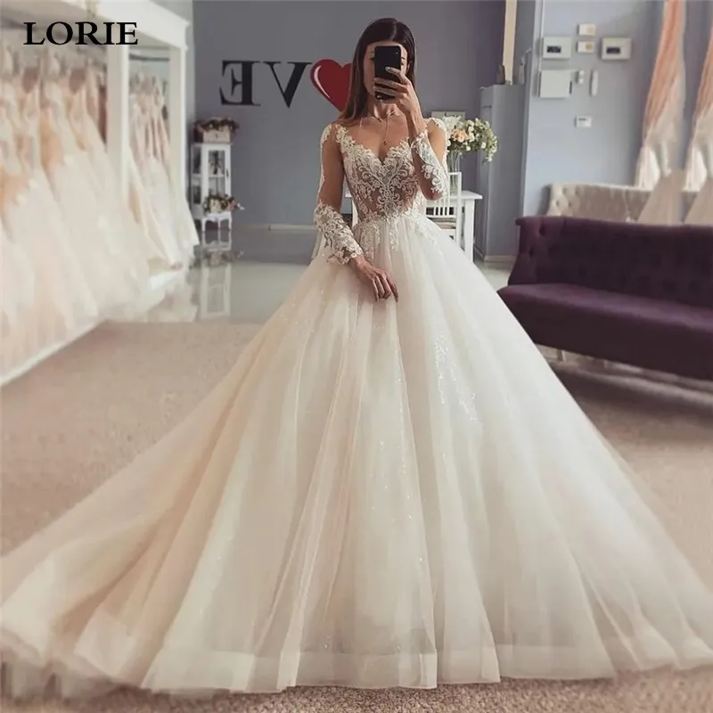 Top Trends: LORIE Long Sleeve Lace Wedding Dresses A Line Puff Tulle Appliques Bride Dress Scoop Neck Vintage Wedding Gowns 2023 Shoppable Styles