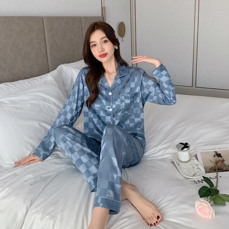 Top Trends: Spring And Autumn New Plaid Jacquard Imitation Silk Ice Silk Pajamas Women's Trousers Long-sleeved Two-piece Home Service Shoppable Styles - Image 4