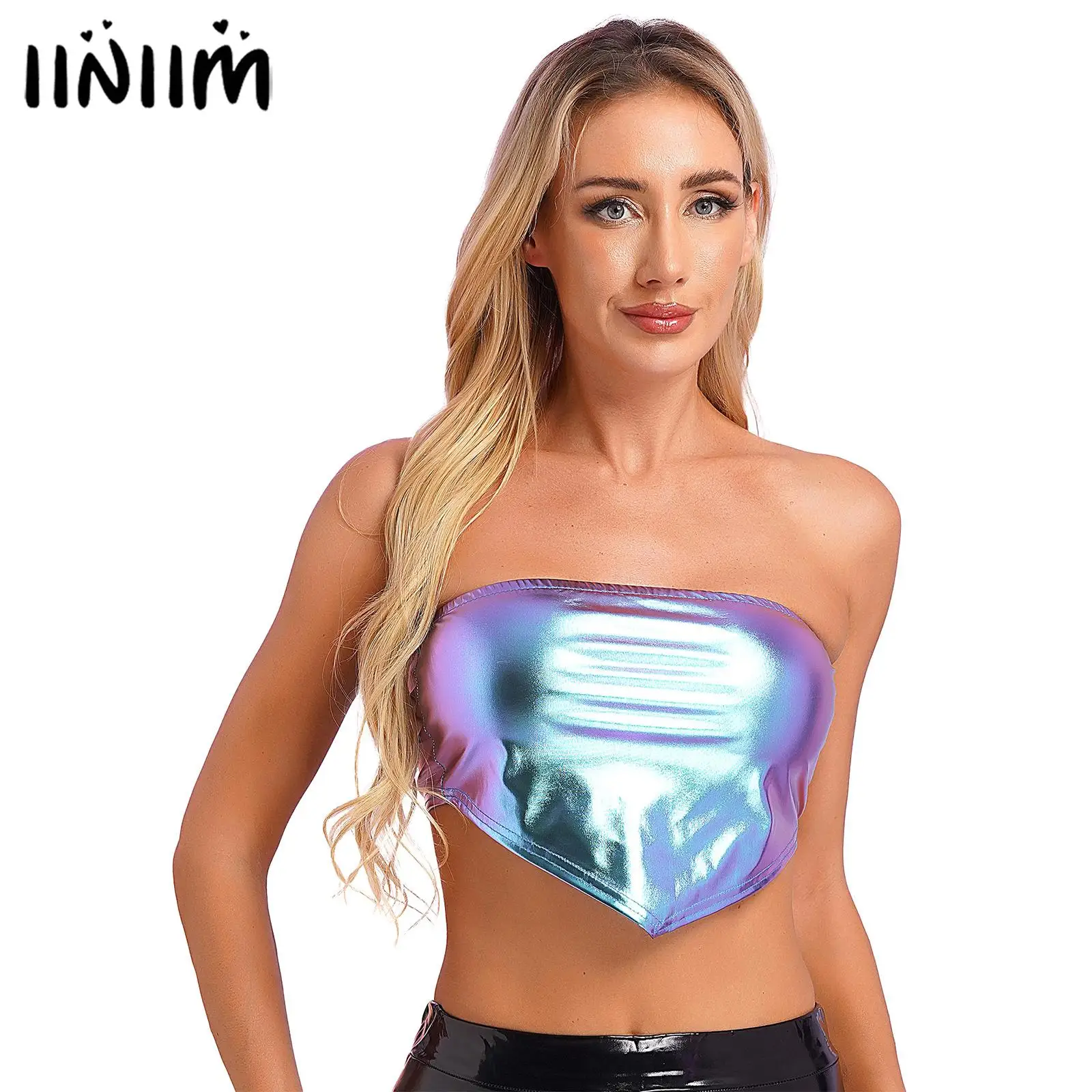 Top Trends: Womens Metallic Shiny Strapless Crop Tube Tops Pointed Hem Asymmetrical Bandeau Sleeveless Vest Nightclub Carnivals Costumes Shoppable Styles