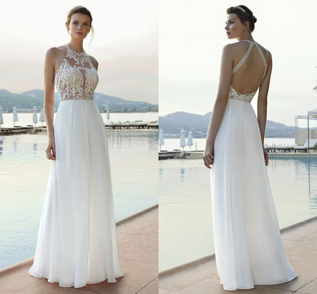 Top Trends: Bohemian Wedding Dress 2023 Halter A-Line Simple Beach Sleeveless Lace Appliques Elegant Chiffon Backless Robe De Mariee Shoppable Styles