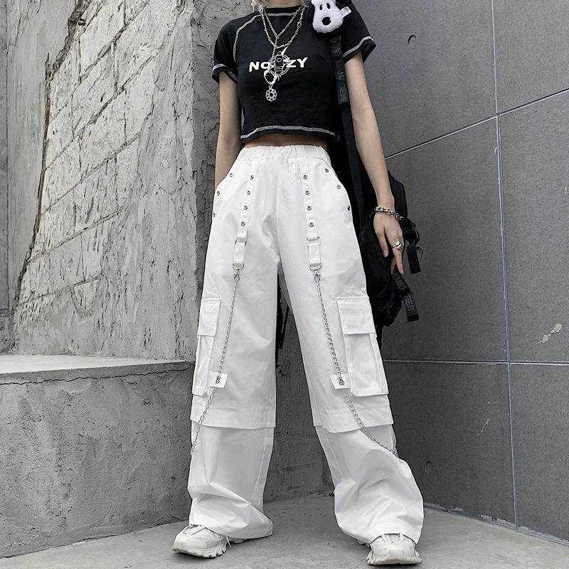 Top Trends: White Cargo Pants Woman Oversized Hippie Streetwear Pocket The Chain Elastic High Waist Trousers Baggy Korean Style Fashion Shoppable Styles - Image 6