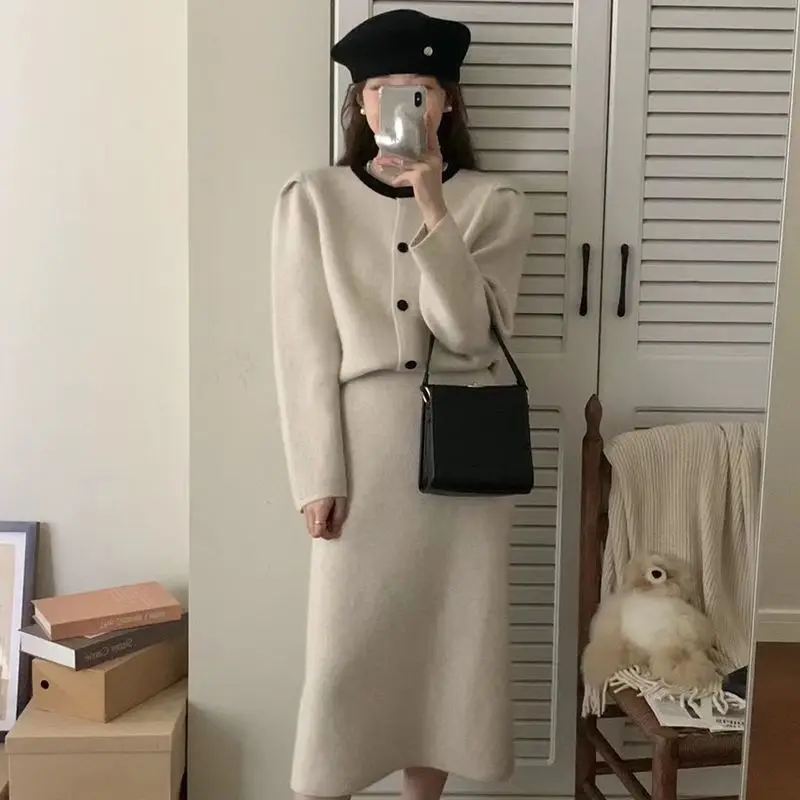 Top Trends: Korean Autumn Winter Women's New Gentle Solid Color Sweater Cardigan+ Half Skirt Suit Pure Desire Style Knitted Two Piece Set Shoppable Styles