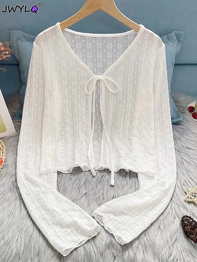 Top Trends: Woman T-shirt Summer Thin Bow Solid Color Short Thin Womens Cardigan Korean Fashion Casual Sun Protection 2023 Top Women Clothin Shoppable Styles