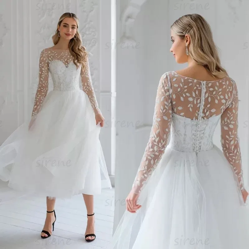 Top Trends: Short Wedding Dresses White A-Line O-Neck Long Sleeve Lace Applique Tulle Illusion Back Bridal Gown Tea Length Vestidos De Novia Shoppable Styles