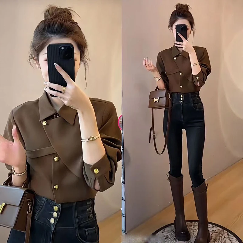 Top Trends: Elegant Lapel Button Solid Color Asymmetrical Shirts Women&#039;s Clothing 2023 Autumn Winter Loose Korean Tops Office Lady Blouses Shoppable Styles