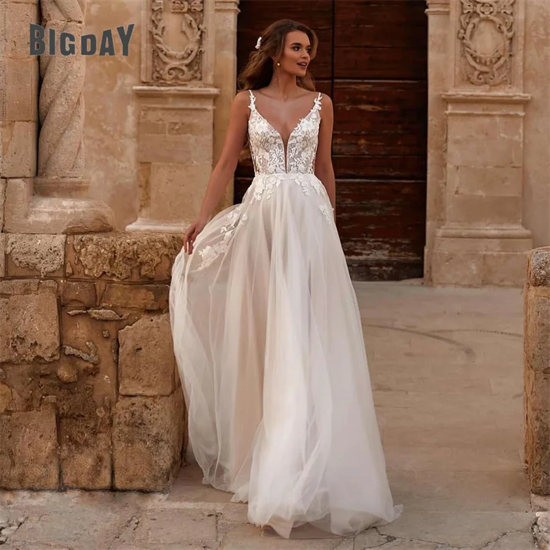 Top Trends: Elegant A-Line Wedding Dresses Women 2024 Lace V-Neck Open Back Spaghetti Straps Tulle Bridal Gown Sweep Train Vestidos De Noiva Shoppable Styles