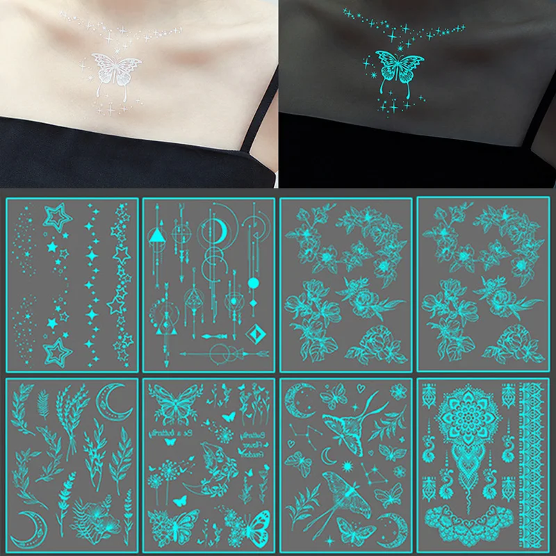 Top Trends: Blue Luminous Glow Tattoo Sticker Waterproof Temporary Finger Wrist Body Art False Butterfly Tattoo For Music Festival Party Shoppable Styles