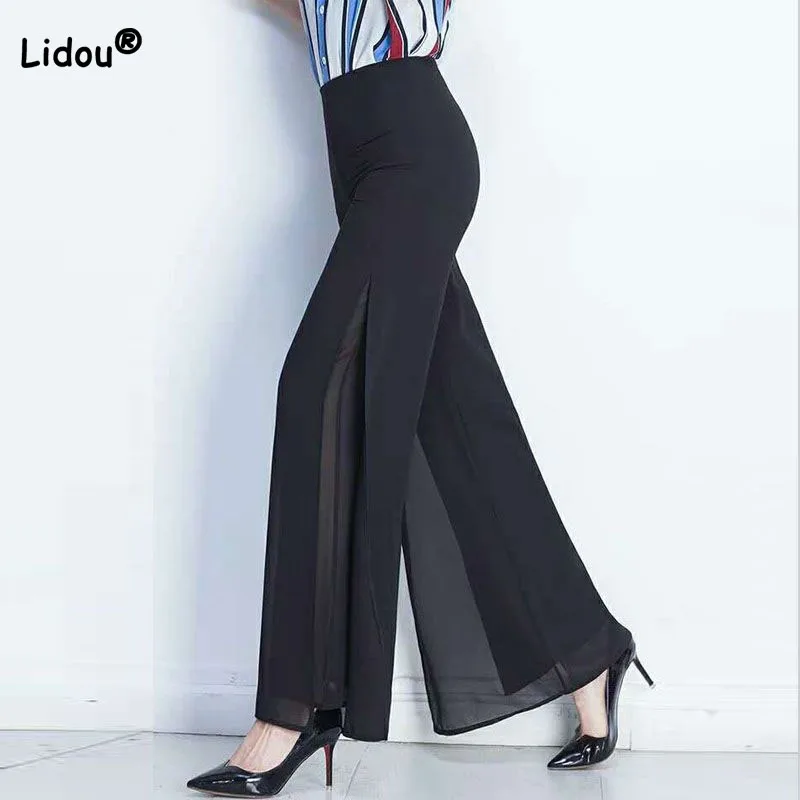 Top Trends: Fashion Split Fork Elegant Solid Color Dance Pants Summer Women's Clothing Casual All-match High Waist Chiffon Wide Leg Trousers Shoppable Styles