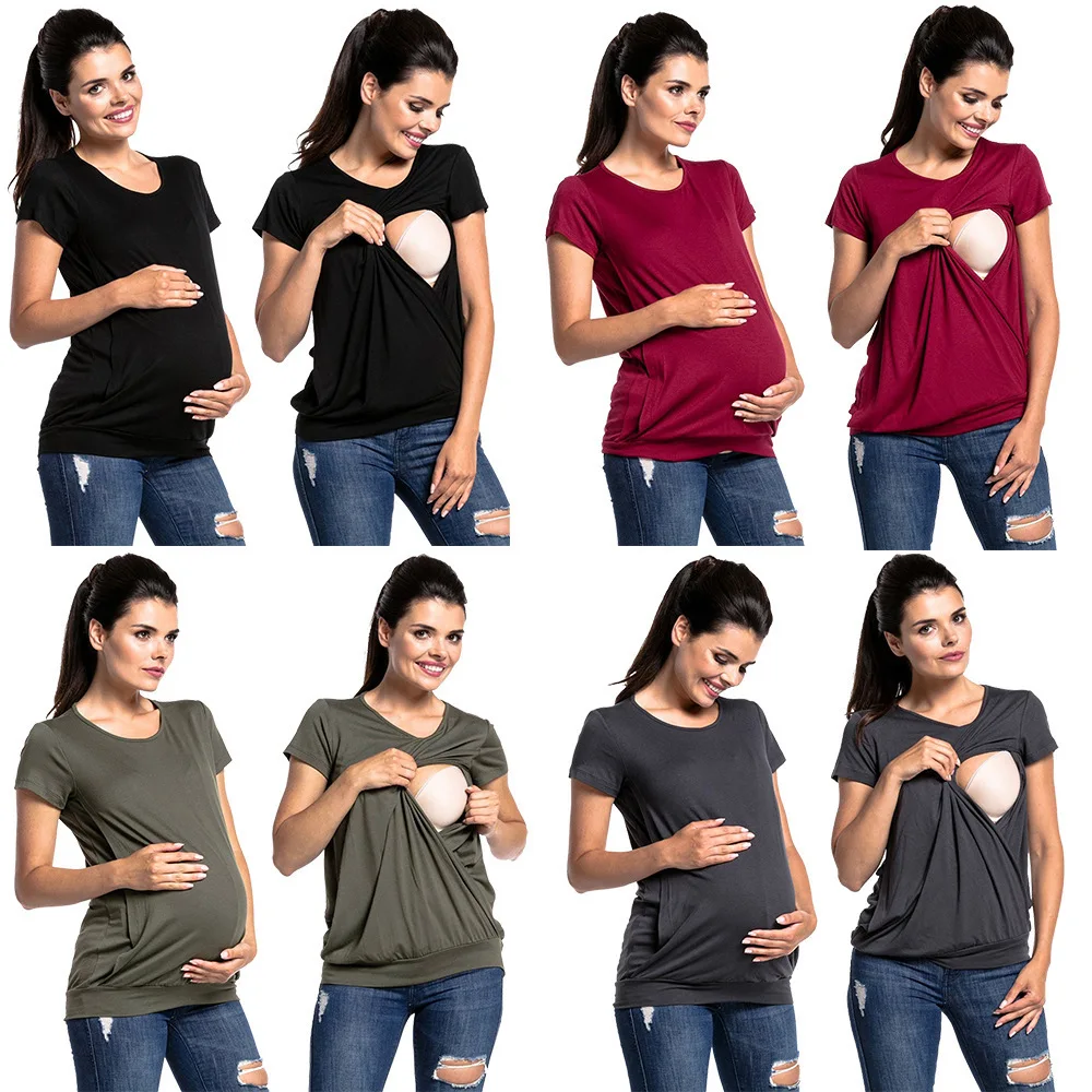 Top Trends: Women Pregnant Women Pregnancy Clothes Breastfeeding T Shirts Nursing Short Sleeve Solid Tops Pregnant Women Fashion Loose Tops Shoppable Styles