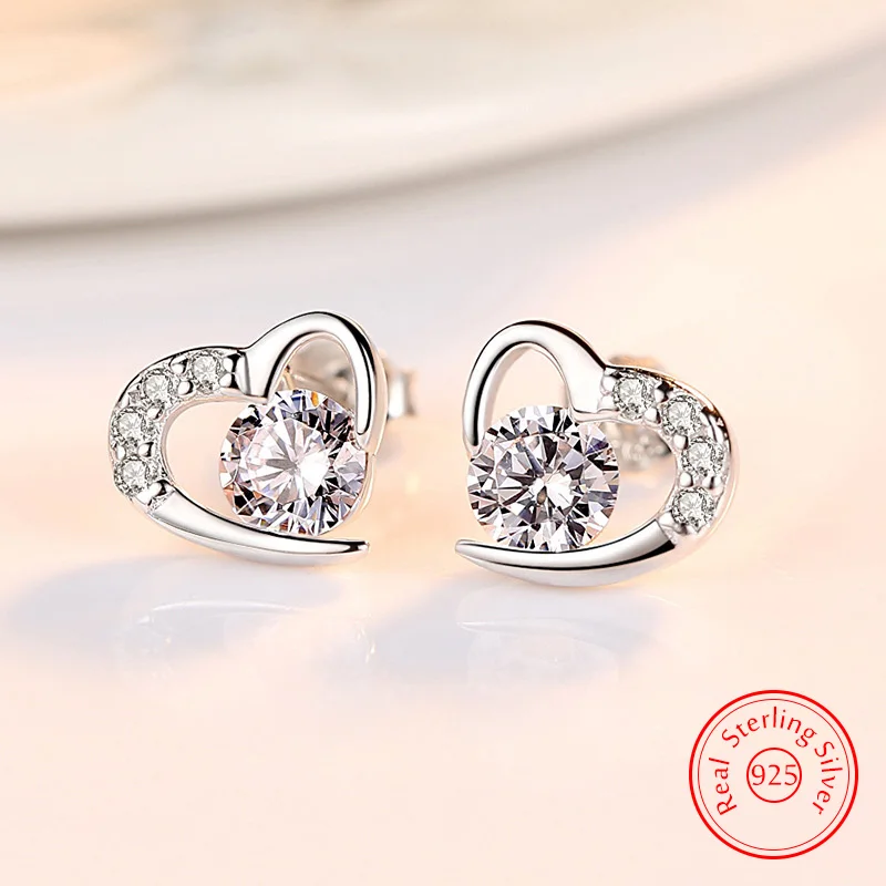 Top Trends: Real 925 Sterling Silver Crystal Jewelry New Heart Stud Earrings For Woman XY0201 Shoppable Styles