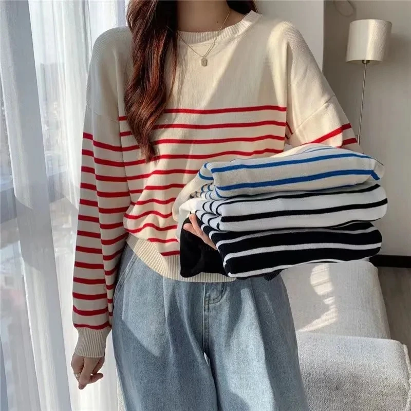 Top Trends: New Women Autumn Winter Clothes Solid Round Neck Sweater Jumper Long-sleeved Stripe Knitted Pullovers Shirt Female Tops Shoppable Styles