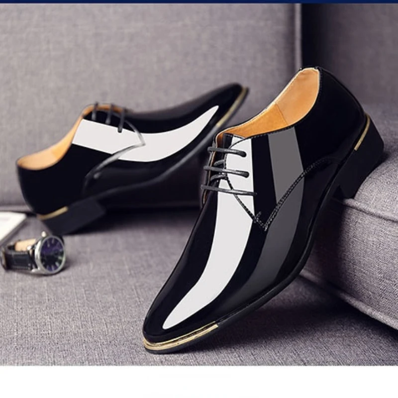 Top Trends: Men Premium Patent Leather Shoes White Wedding Shoes Size 38-48 Black Leather Low Top Soft Men Dress Shoes Solid Color 2023 New Shoppable Styles