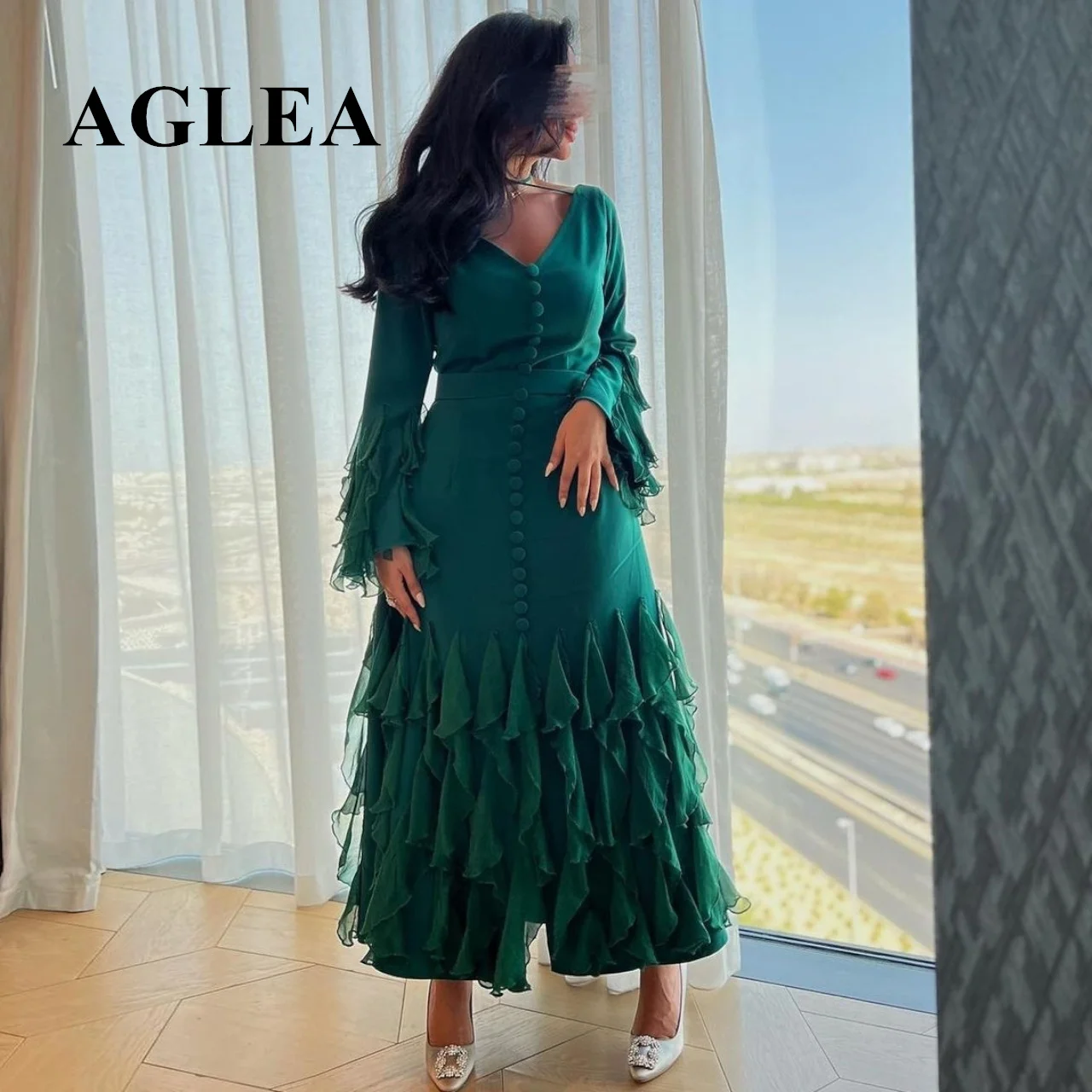 Top Trends: AGLEA 2023 V Neck Buttons Vestidos Prom Dresses Long Sleeves Ruffles Ankle Length Cocktail Party Saudi Arabia Women Wear Evening Shoppable Styles