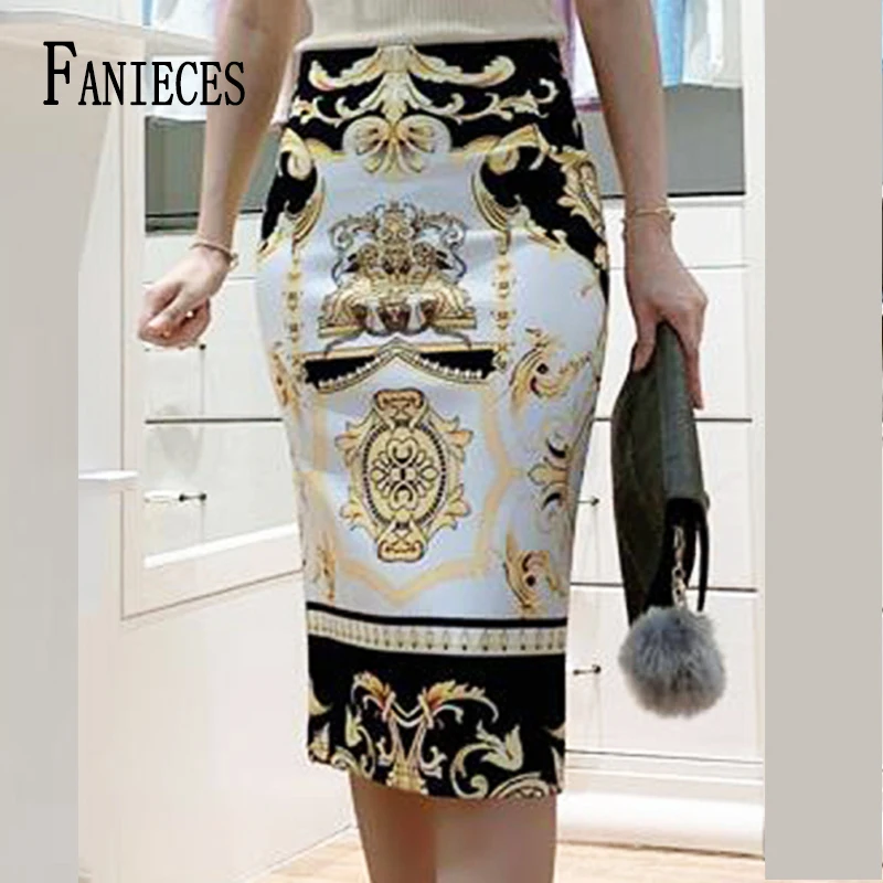 Top Trends: FANIECES Vintage Print Slim Midi Pencil Skirt Summer High Waist Elegant Office Ladies Bodycon Skirts Stretch Jupe Femme Faldas Shoppable Styles