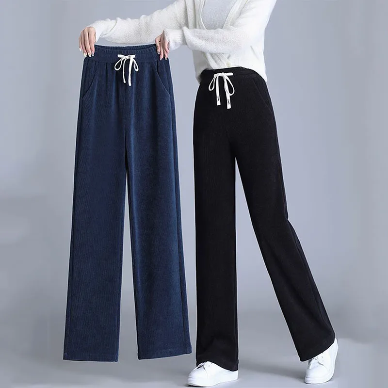 Top Trends: Korean New Wide Leg Pants Women Spring Autumn Elastic High Waist Solid Pockets Drawstring Casual Loose Straight Trousers 2023 Shoppable Styles