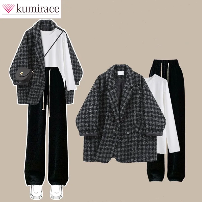 Top Trends: Autumn High Quality Plaid Coat Women's 2023 New Fashionable Loose Coat Bottom Top Casual Pants Three Piece Set Clothes For Women Shoppable Styles