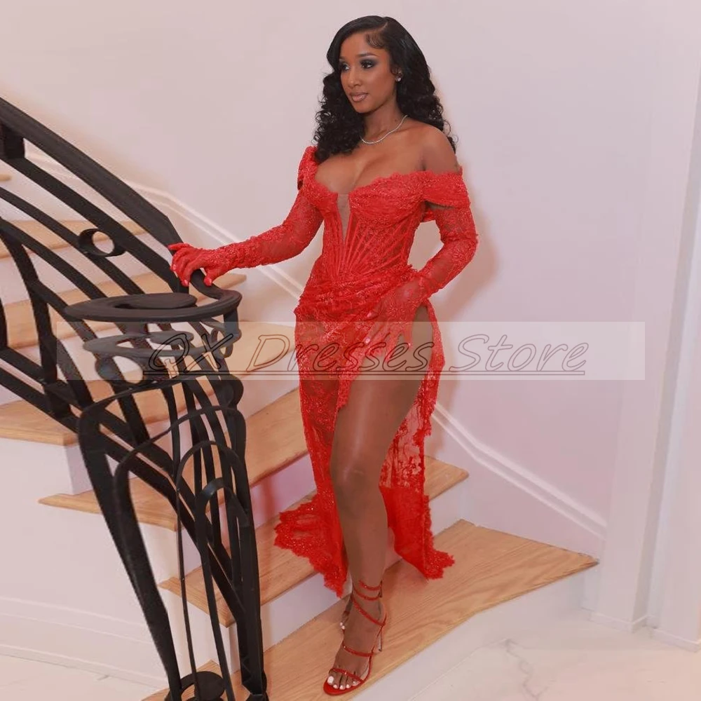 Top Trends: Sexy Red Lace Formal Evening Dress Off The Shoulder Appliques Long Sleeve Mermaid Floor Length High Slit Robes De Soirée 2022 Shoppable Styles - Image 4