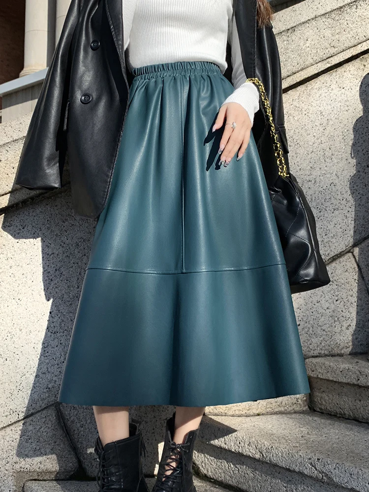 Top Trends: QOERLIN Soft PU Skirts Faux Leather Black Midi Skirt Black Green High Waist A-Line Big Hem Skirts Y2K Pocket Elastic Waist Saias Shoppable Styles