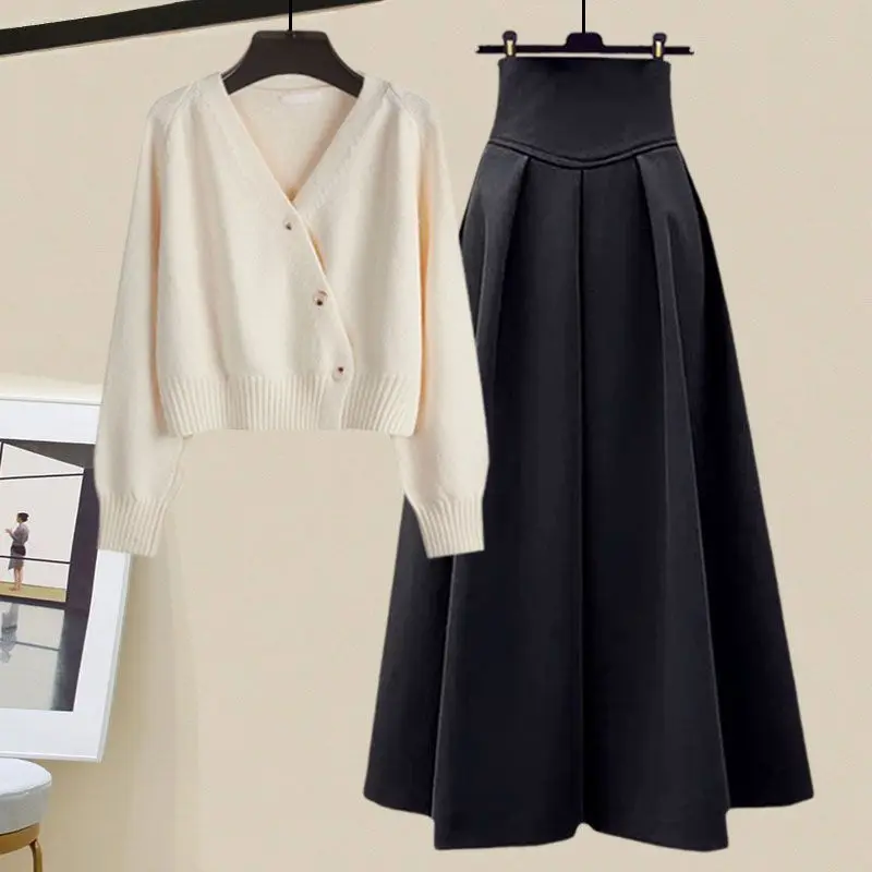 Top Trends: Spring Autumn Suit Women&#039;s New French Sweater Midi Skirts Outfits Knit Cardigan Knitwear High Waist Slim Skirts Two Piece Set Shoppable Styles