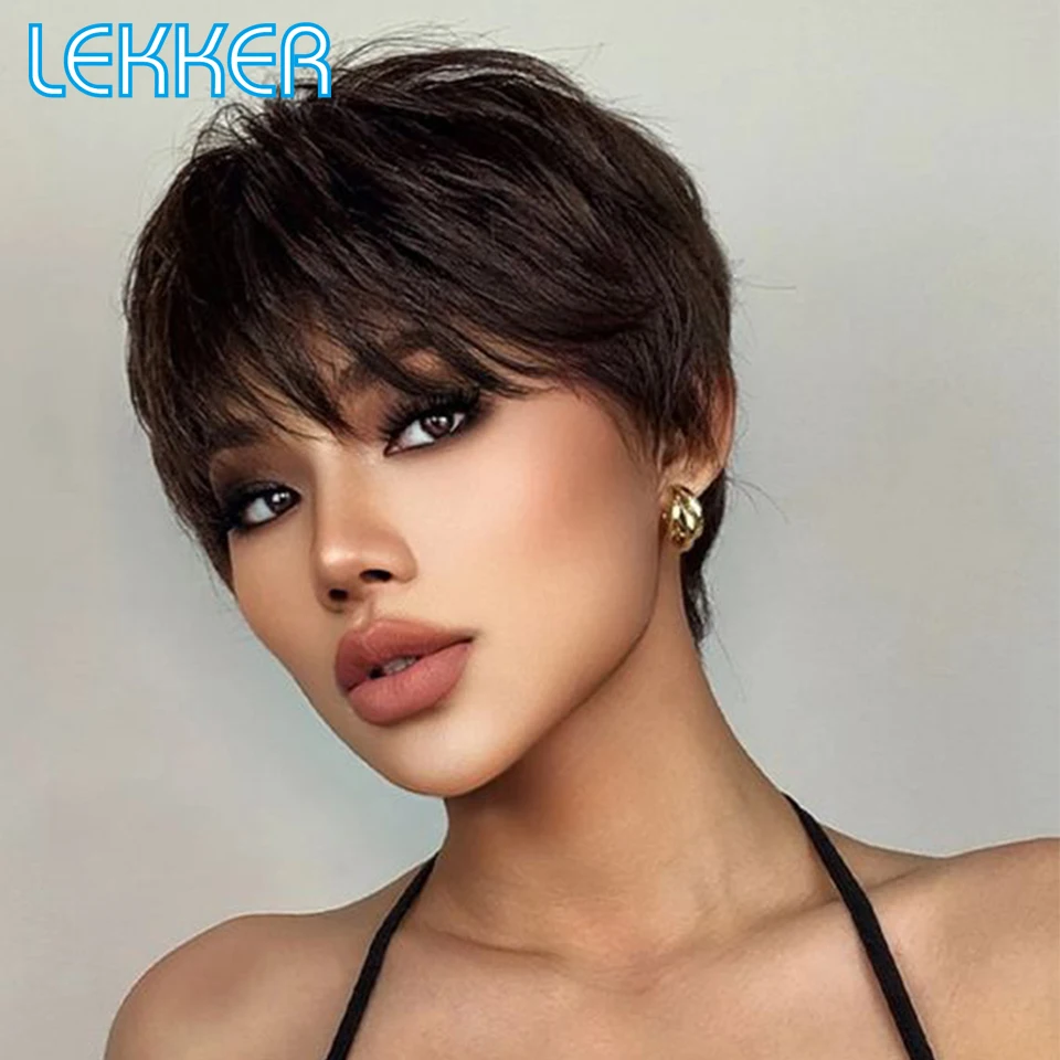 Top Trends: Lekker Wear And Go Short Pixie Cut Straight Bob Human Hair Wig With Bangs For Black Women Brazilian Remy Hair Natural Brown Wigs Shoppable Styles