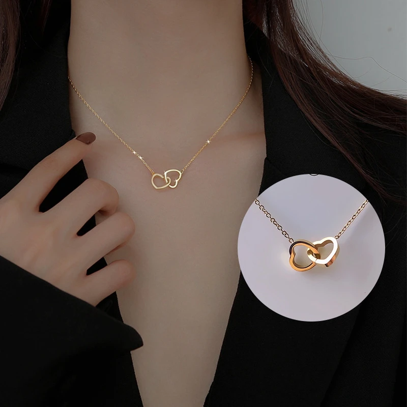 Top Trends: Simple Double Heart Pendant Necklace For Women Couple Stainless Steel Choker Gold Color Chain Wedding Party Friends Jewelry Gift Shoppable Styles