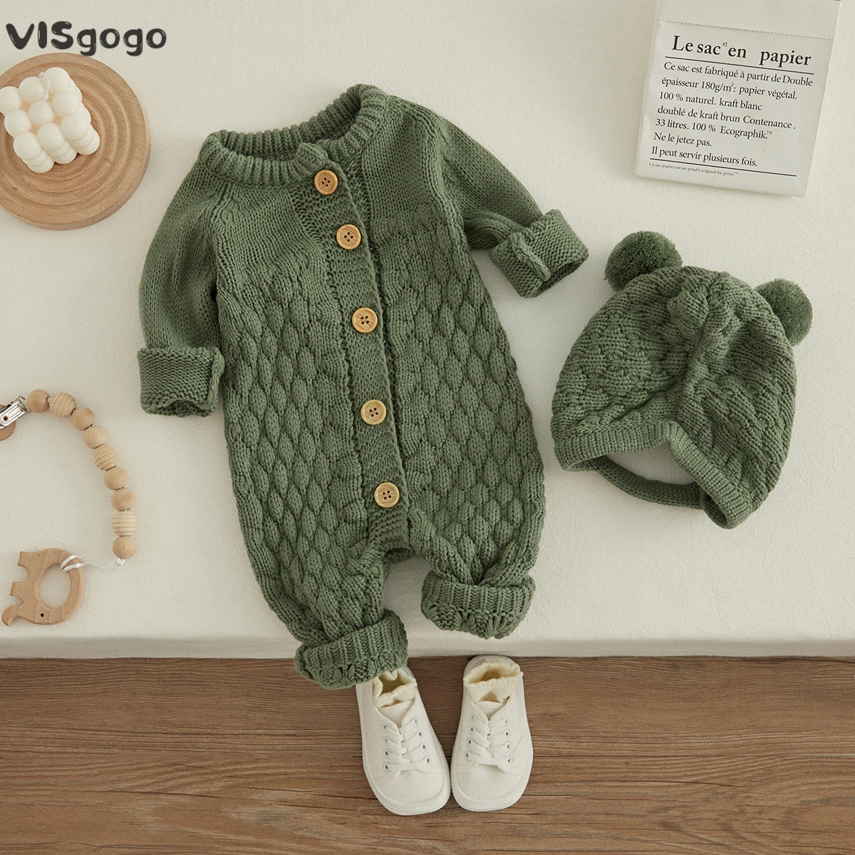 Top Trends: VISgogo Baby 2PCS Winter Jumpsuit Outfits Infant Boys Girls Clothes Long Sleeve Solid Color Knitted Romper + Bear Hat Set Shoppable Styles