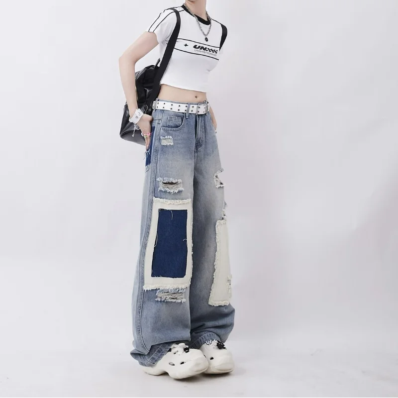 Top Trends: Women Patched Oversized Hole Jeans Pockets Spring Summer Hip Hop Pants High Street Trend Design Loose Straight Wide Leg Trousers Shoppable Styles