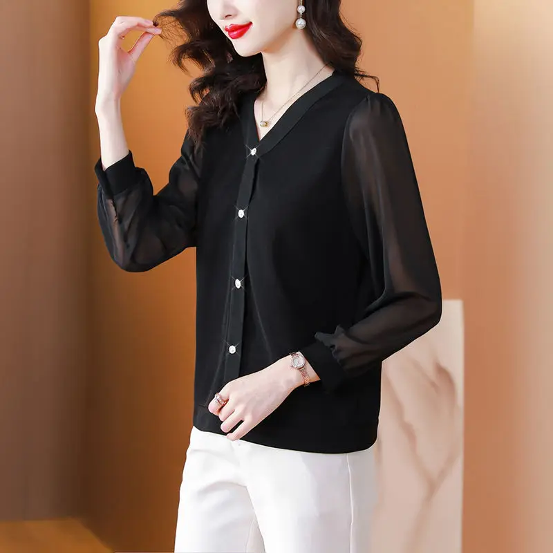 Top Trends: Korean Women Spring Summer Long Sleeve Chiffon Shirt Black V-neck Loose Fashion Casual Versatile Office Lady Elegant Blouse 2023 Shoppable Styles - Image 5