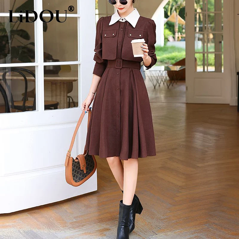 Top Trends: Autumn Winter Preppy Style Fake Two Pieces A-line Dress Ladies Slim Casual Waist Lace Up Robe Women&#039;s Elegant Fashion Vestidos Shoppable Styles