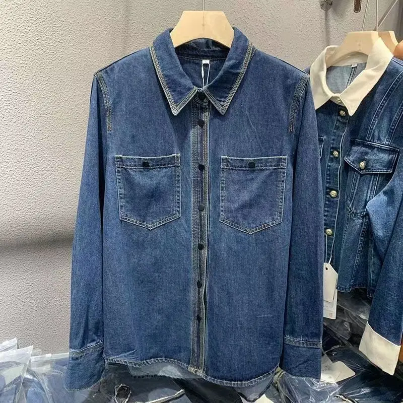 Top Trends: 2023 Korean Vintage Turn-down Collar Denim Shirt Women&#039;s Clothing Fashion Casual Long Sleeve Button Spliced Blouse For Female Shoppable Styles