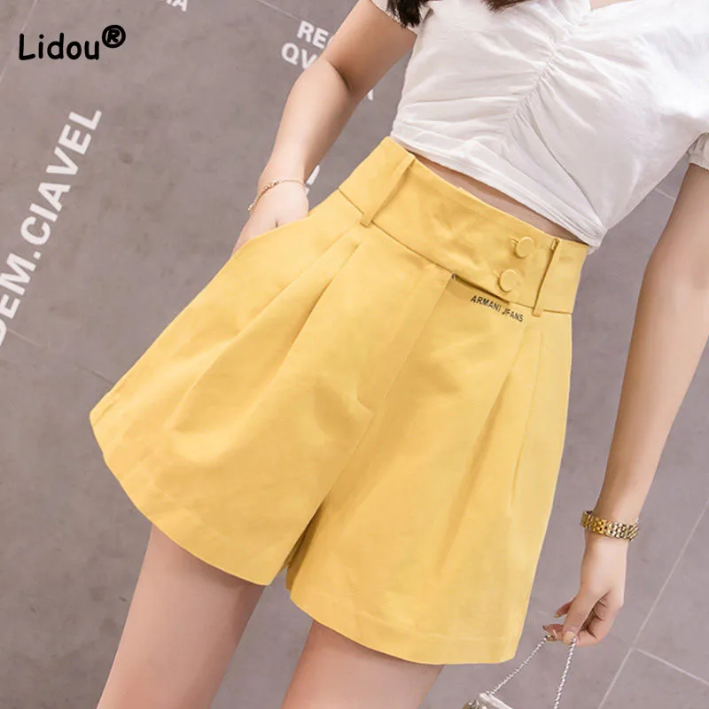 Top Trends: Summer Korean Button Spliced Solid Color Casual Pants Women&#039;s Clothing All-match Loose Wide Leg High Waist Shorts For Female Shoppable Styles