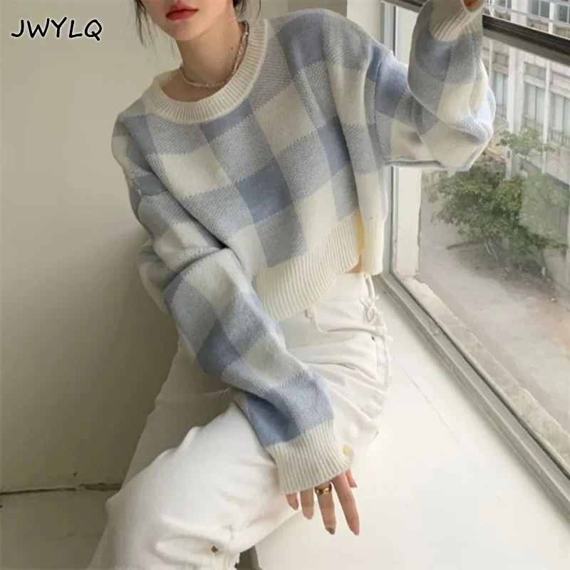 Top Trends: Cropped Sweater Korean O-neck Plaid Printing Preppy Style Pullover Sweater Women Simple Sweet Sweaters For Women Student Sweater Shoppable Styles