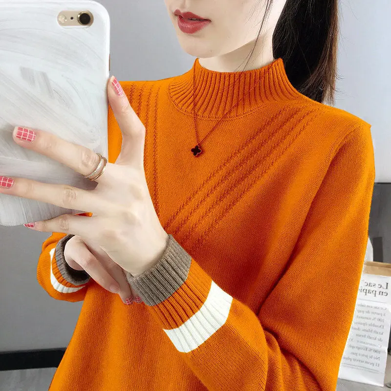 Top Trends: Stylish Half High Collar Spliced All-match Knitted Sweater Women&#039;s Clothing 2022 Autumn New Loose Casual Pullovers Commute Tops Shoppable Styles